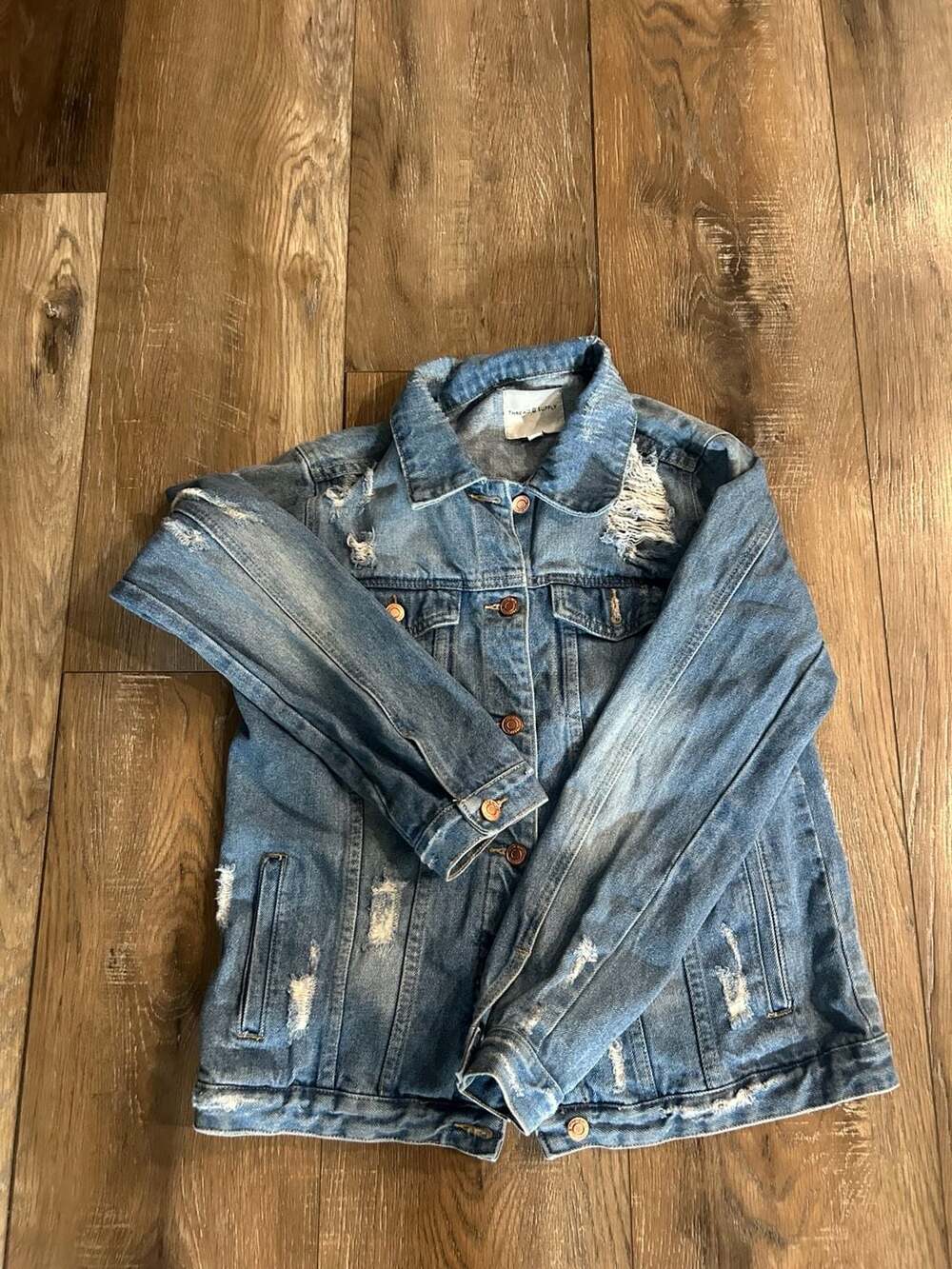 Thread & Supply Distressed Denim Jacket Size L Blue Jean Trucker Jacket